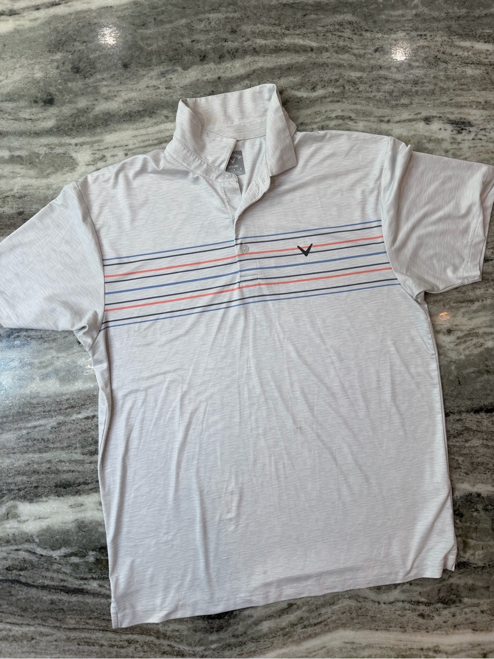 Callaway Opti-Dry White Golf Polo with Blue and Red Stripe
Men’s Large